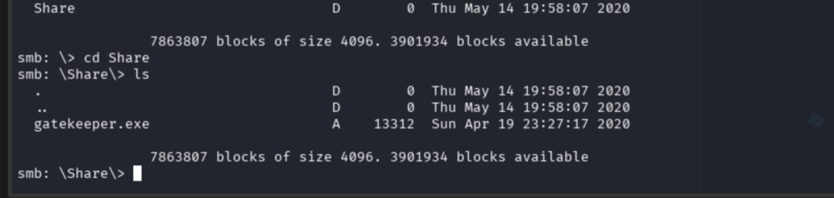SMB Share directory listing showing gatekeeper.exe available for download
